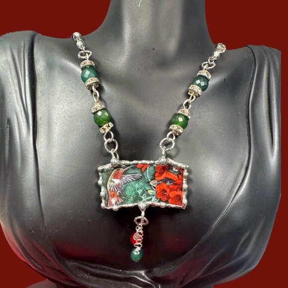 Lena Liu Hummingbird Broken China Pendant  Bezel Red & Green Quartz Necklace - Picture 7 of 15